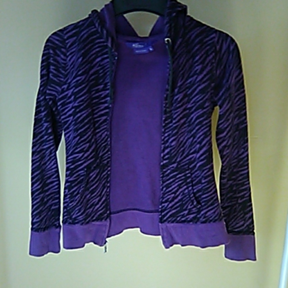 Zebra print purple and black hooded zip up sweater